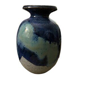 Signed Pottery Art Vase Small Blue‎ Swirl Painted Glazed 6" Tall Diameter 12"